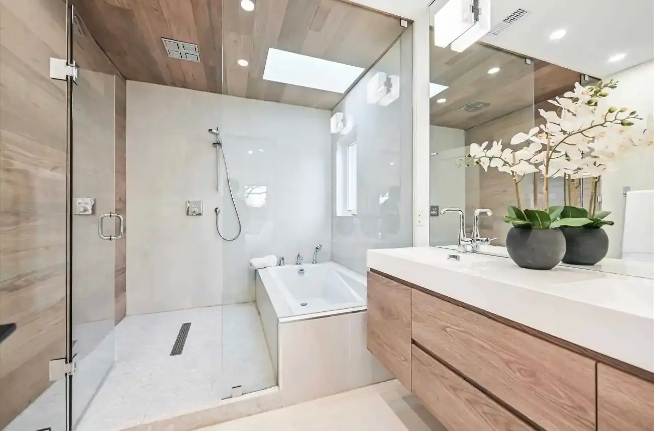 Ensuite bathroom lighting in a custom home wired by Marrast Contracting